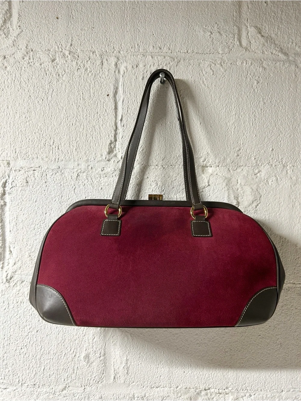 Vintage Lambertson Truex Maroon Red/Suede Brown Leather Framed Top Handle Bag